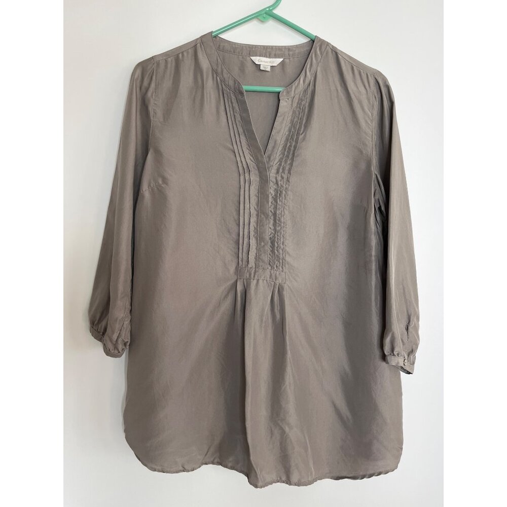 Garnet Hill 100% Silk V-Neck 3/4‎ Sleeve Ruffle Placard Neckline Blouse Gray 6
